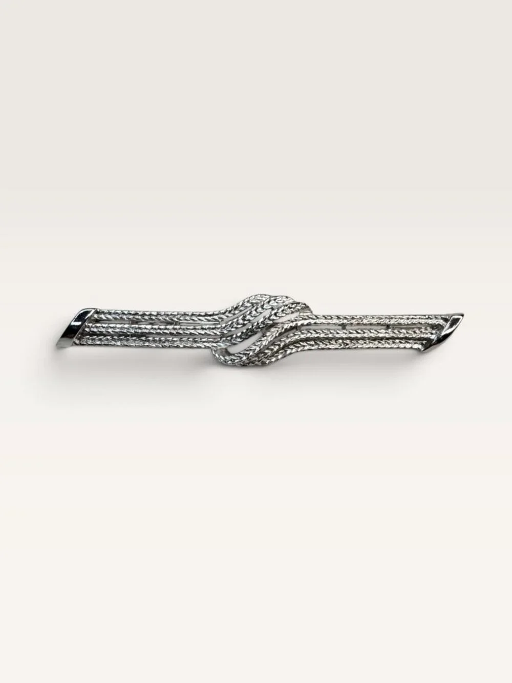 Crown Trifari 1960s Silver Tone Textured Ribbon Knot Long Bar Brooch Pin 3.43